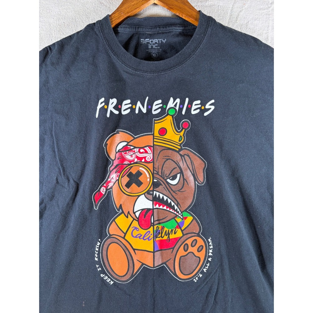 3Forty Inc T-Shirt Mens XL Black Frenemies Bear Bulldog Graphic Cotton Tee